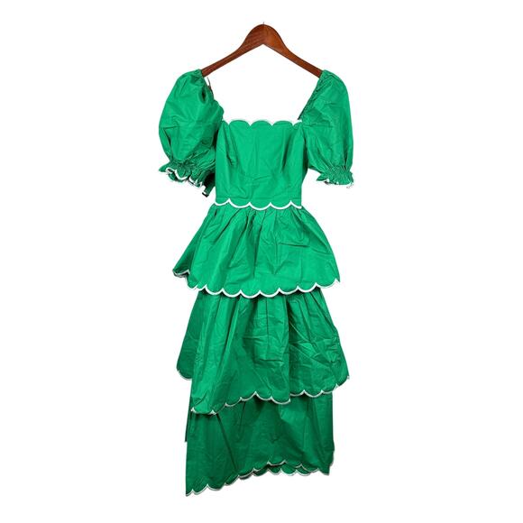 English Factory Women's Size XS Green Tiered Scalloped Puff Sleeve Maxi Dress - Picture 1 of 10
